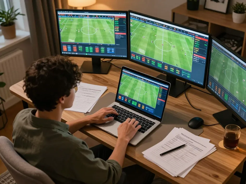 Xoilac user placing bets on live football matches with a laptop and strategic notes.