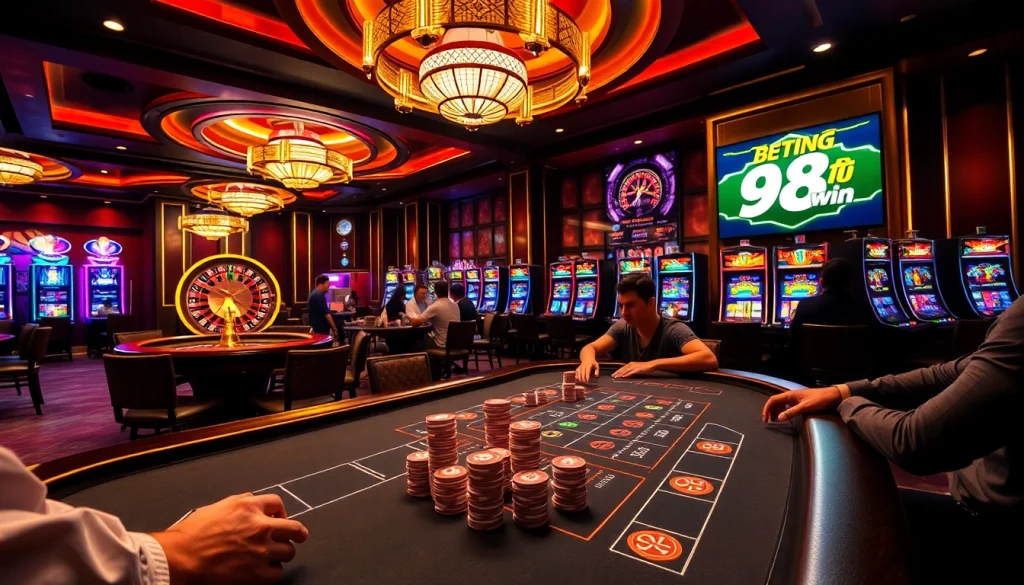 Players engaged in a thrilling game at the 98win poker table, showcasing high-stakes excitement.