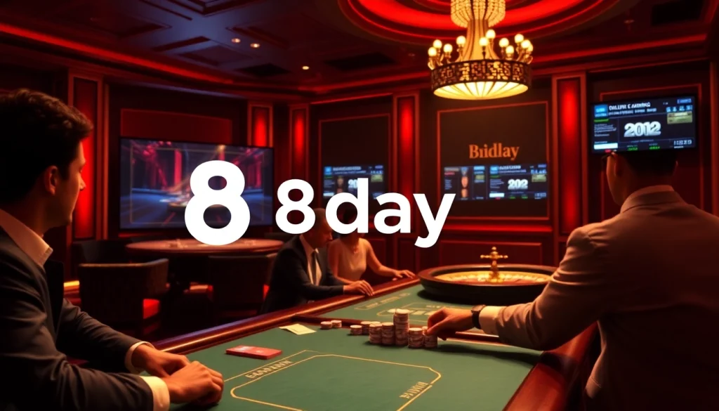 High-stakes poker action at 8day casino with players and vibrant roulette wheel