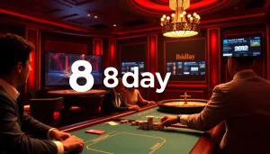 High-stakes poker action at 8day casino with players and vibrant roulette wheel