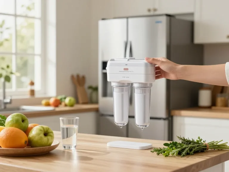 Waterdrop DA97-17376B Replacement for Samsung® HAF-QIN Refrigerator Water Filter being replaced in a bright kitchen, promoting clean water.