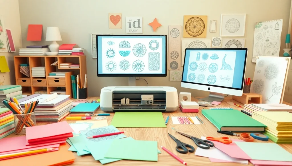 Cricut SVG designs displayed on a crafting table with colorful materials.