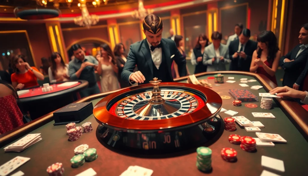 Experience the excitement of say88 with a dynamic roulette table and engaging gamblers in a luxurious setting.