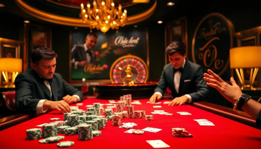 Engaging casino players at a poker table, highlighting link thabet for online gambling excitement.