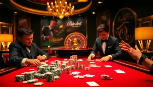 Engaging casino players at a poker table, highlighting link thabet for online gambling excitement.