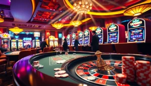 A lively casino atmosphere showcasing U888's roulette table, poker chips, and players winning big.