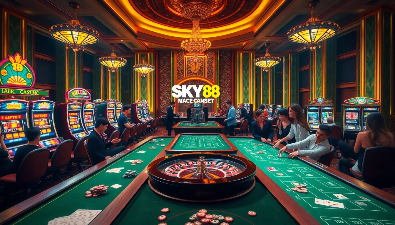 Exciting gambling scene at SKY88 Casino featuring vibrant tables, slot machines, and enthusiastic players.