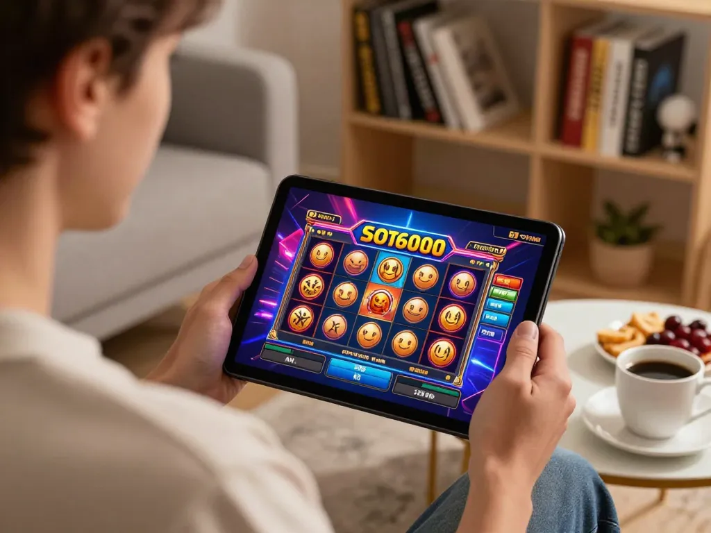 SLOT6000 online gaming setup with player focused on tablet and vibrant slot interface