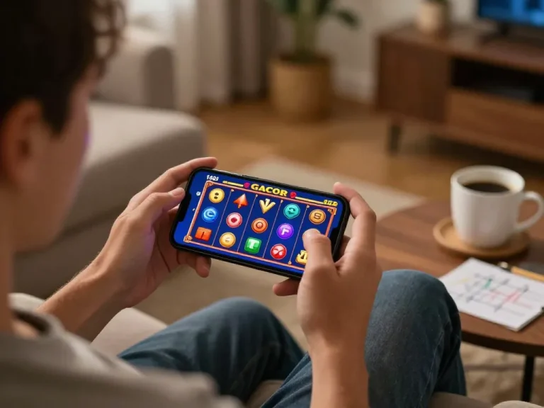 Engaging in SLOT GACOR gameplay on mobile while relaxing at home, showcasing a cozy gaming setup.