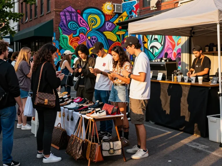Fashionable young adults exploring a 레플리카 쇼핑몰 street market, surrounded by luxury replica items and vibrant street art.