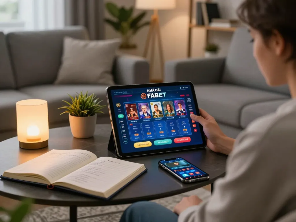 Engaged player strategizing on NHÀ CÁI FABET while using a tablet in a cozy living room.