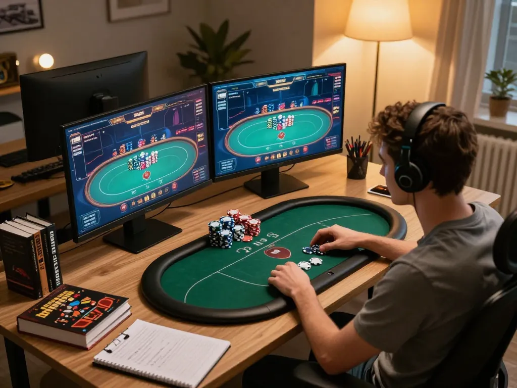 Engaged player strategizing on Da88 poker game in modern home office setup.