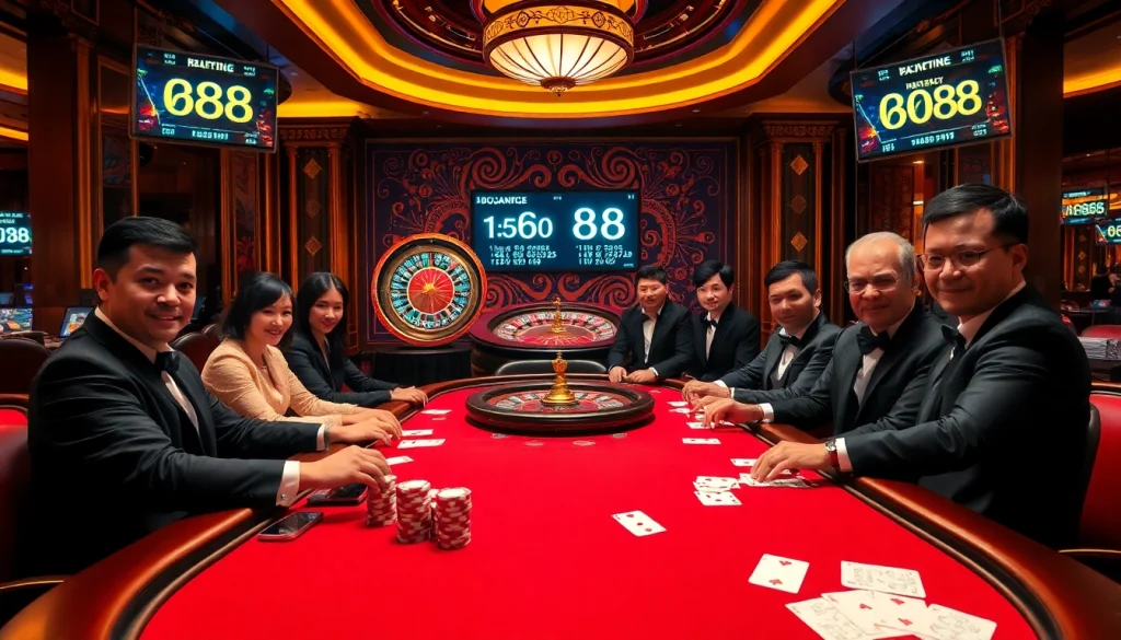 Engaged players enjoying poker at a vibrant casino table, highlighting da88 excitement and strategy.