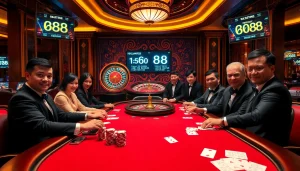 Engaged players enjoying poker at a vibrant casino table, highlighting da88 excitement and strategy.