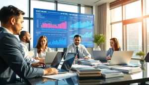 VAT Return Filing in UAE: Professionals collaborating in a modern office with tax documents and financial data.