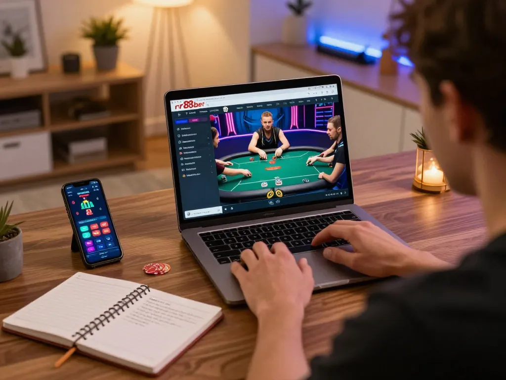 Engaging in a thrilling poker game on rr88bet with a laptop and smartphone in a cozy home setup.