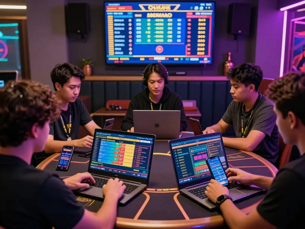 Dynamic players enjoying đánh đề online in a modern virtual casino setting with colorful screens.