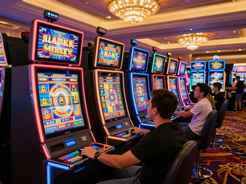 Exciting scene showcasing players engaged with vibrant link slot machines in a luxurious casino setting.