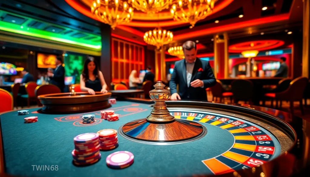 Players enjoying thrilling games at TWIN68's vibrant casino table, showcasing excitement and luxury.