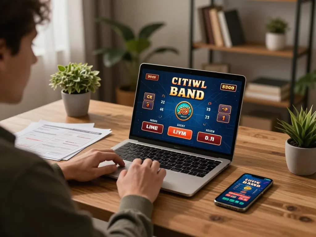 Engaging in online gaming at https://www.mnm88.com/ with a laptop displaying live dealer options in a cozy home office.