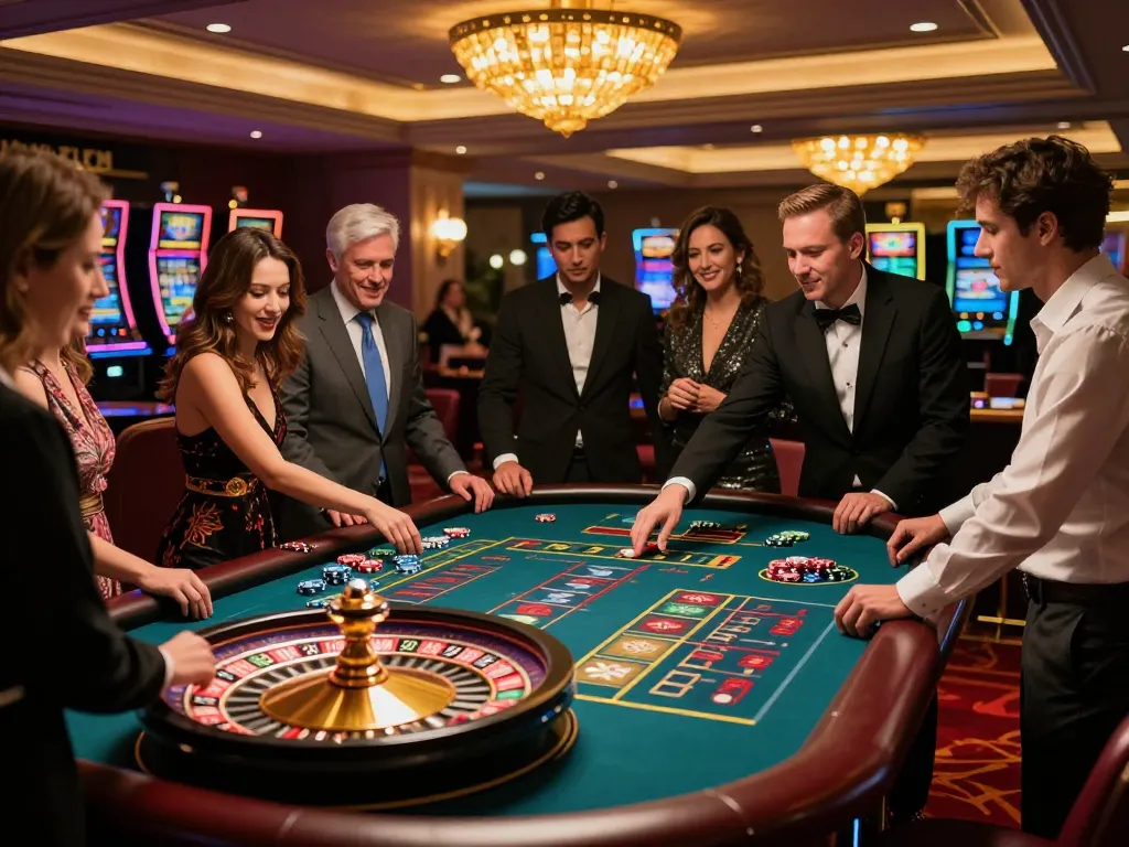 Nohu scene of players engaged at a roulette table in a lively casino atmosphere, chips in action.