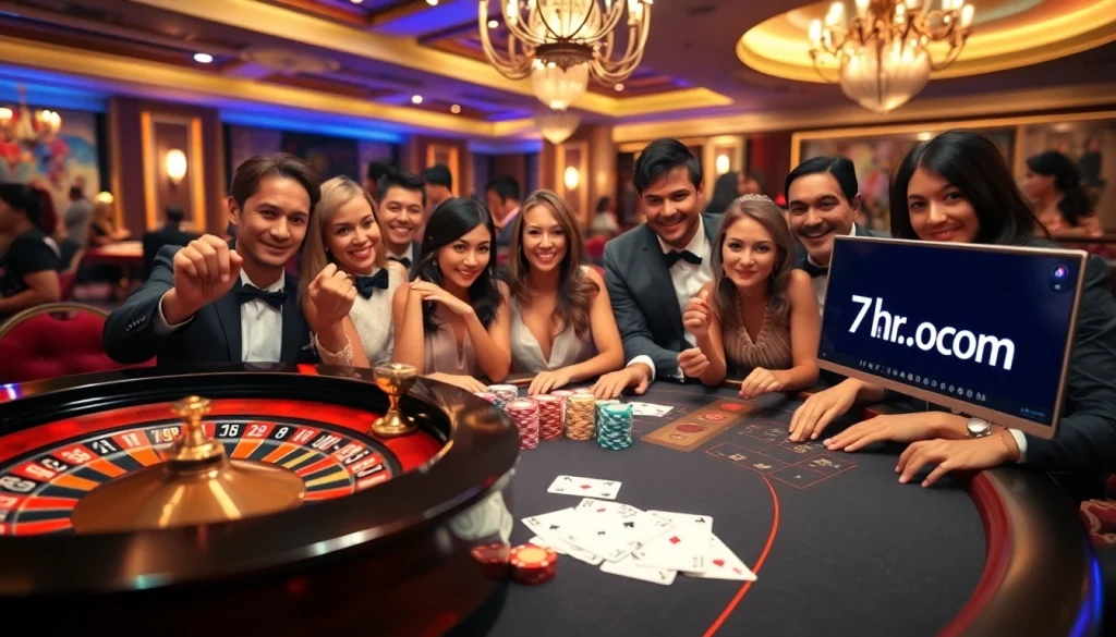 Engaged players at a luxurious casino table experiencing thrilling games at https://7hh.br.com/ with vibrant poker chips and roulette.