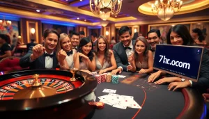 Engaged players at a luxurious casino table experiencing thrilling games at https://7hh.br.com/ with vibrant poker chips and roulette.