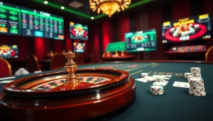 Experience top-notch gambling excitement at CM88 with casino tables, poker chips, and roulette wheels.