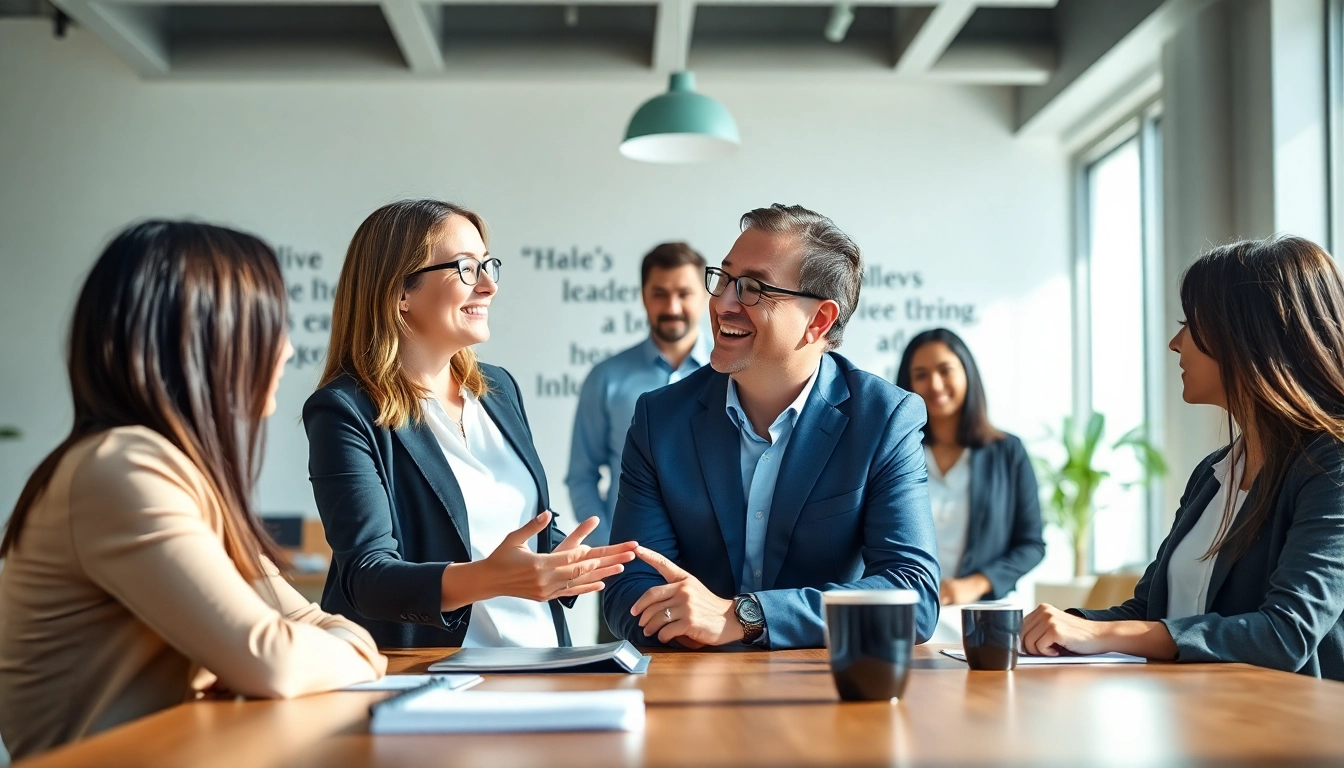 Leadership development coach engaging with clients in a professional office setting.