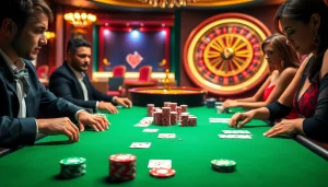 A thrilling poker game at a luxury casino enhances the allure of 33win with vibrant chips and high-quality cards.