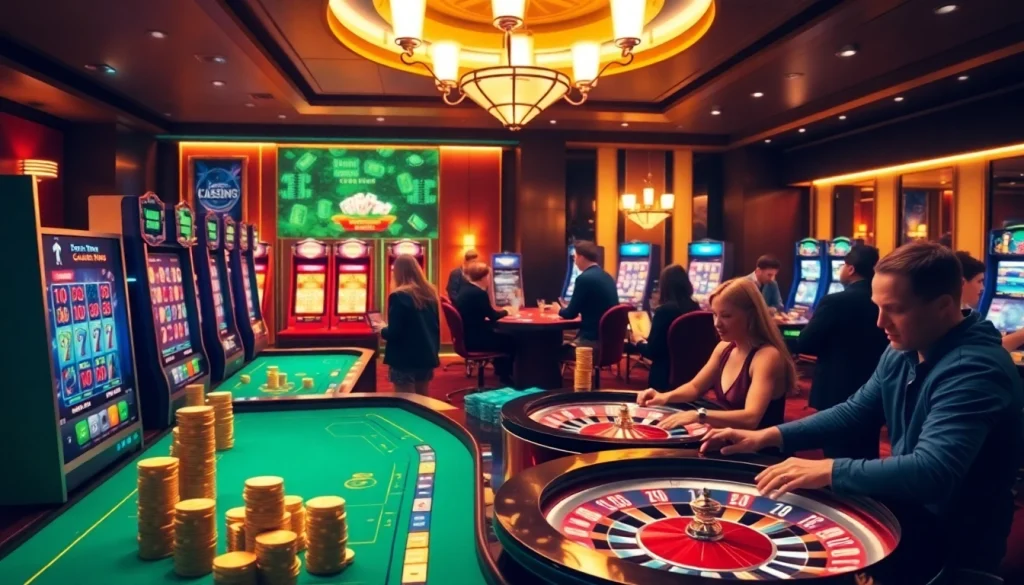 Des joueurs s'engageant dans des jeux passionnants de casino en ligne argent réel dans un environnement de casino luxueux.