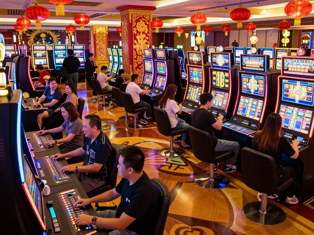 Players celebrating big wins at vibrant slot777 machines during festive New Year celebrations.