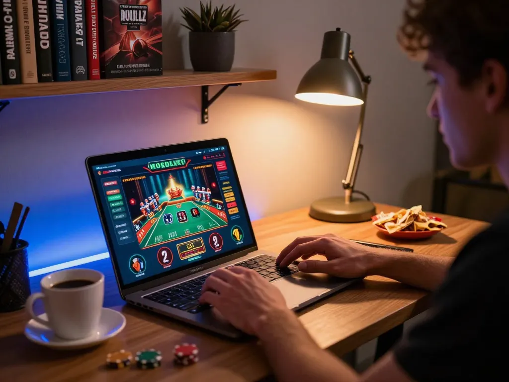 Engaging in strategic online gaming with 789f on a laptop in a cozy home setup.