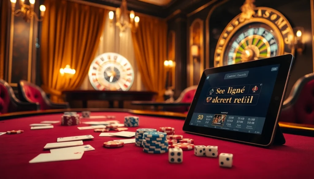 Scène de casino en ligne argent réel passionnante avec table de poker, roue de roulette et outils de jeu