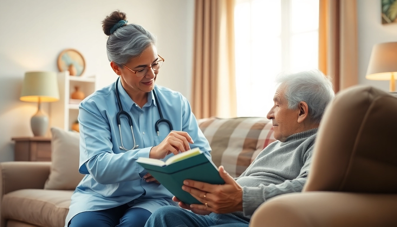 Providing in home care near me with a caregiver assisting an elderly man in a cozy living room.