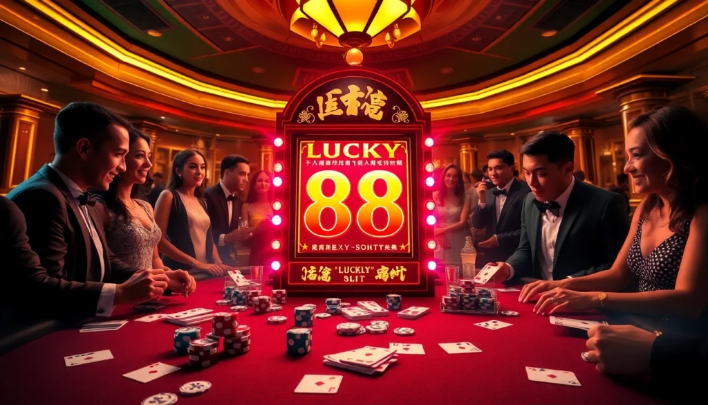 Players enjoying the exciting features of the Lucky 88 slot machine in a luxurious casino setting.