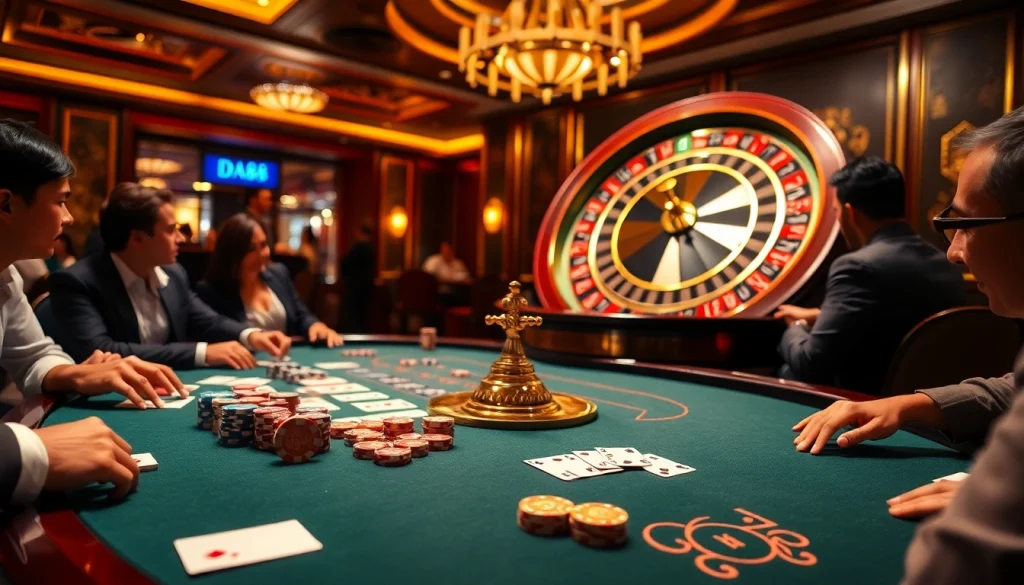 Experience the thrill of DA88-themed gameplay at an elite casino table with vibrant poker chips and cards.
