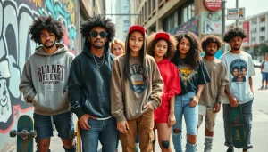 Young adults showcasing stylish streetwear clothing brands in an urban graffiti setting.