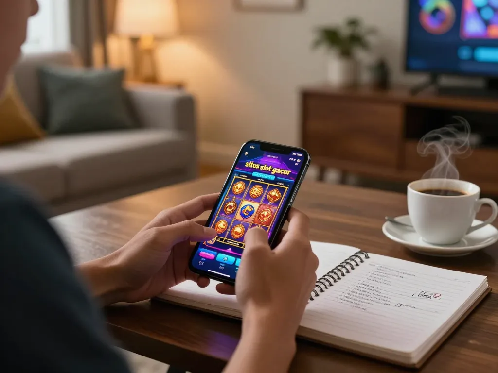 Situs slot gacor gameplay displayed on a smartphone screen in a cozy living room, emphasizing responsible gaming.