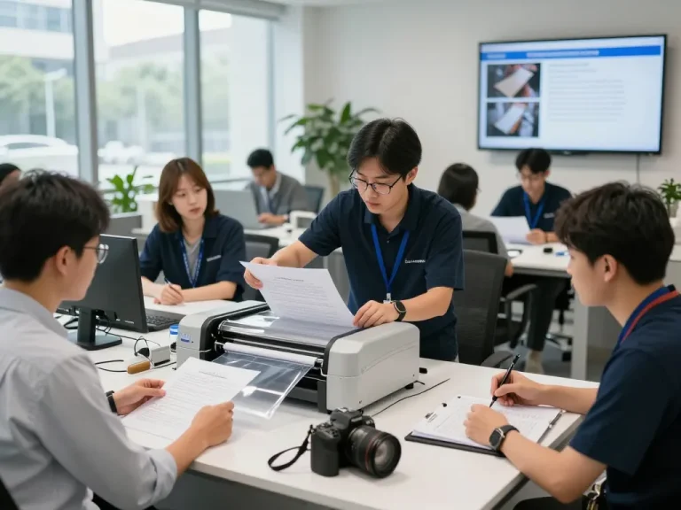 Các chuyên gia bóc ép plastic Hà Nội phân tích tài liệu trong môi trường văn phòng hiện đại với máy móc tiên tiến.