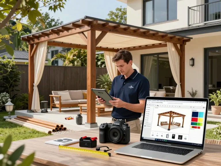 Instalador utilizando software para instaladores de pérgolas para personalizar y medir una pérgola 3D en un entorno de patio trasero.