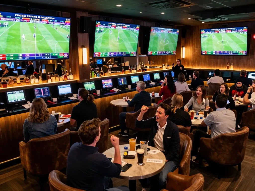 Sports fans engaging in KQBD betting while watching live matches on large screens.