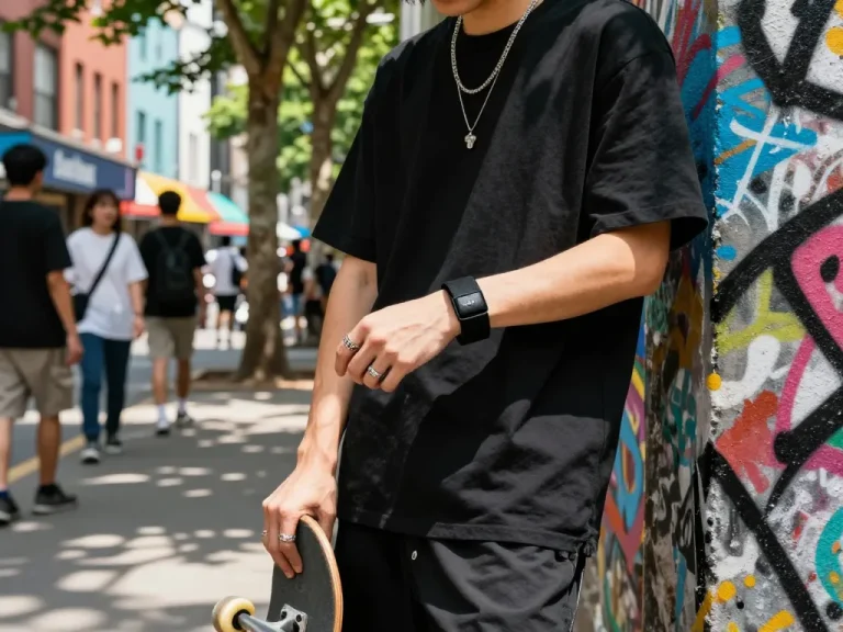 Individual showcasing armband schwarz stoff in an urban street setting, embodying modern fashion.