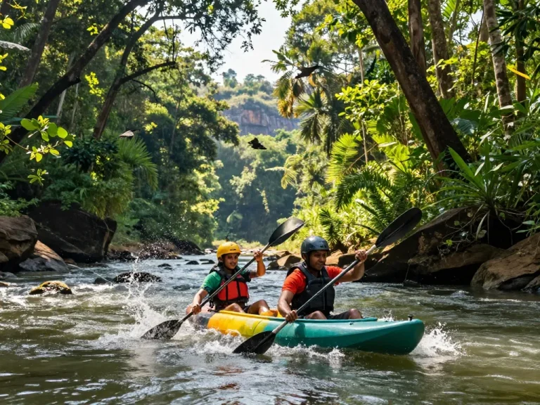 Adventurous kayaking experience on Dandeli's River Kali surrounded by lush greenery.
