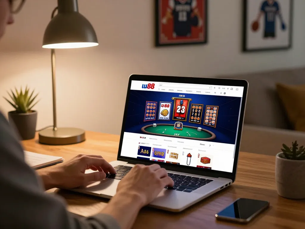 Engaging in online gaming with uu88 bet on a stylish laptop setup in a cozy home.