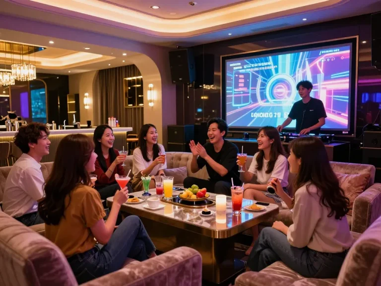 강남퍼펙트 노래방에서 축하하는 친구들, 현대적인 인테리어와 활기찬 분위기.