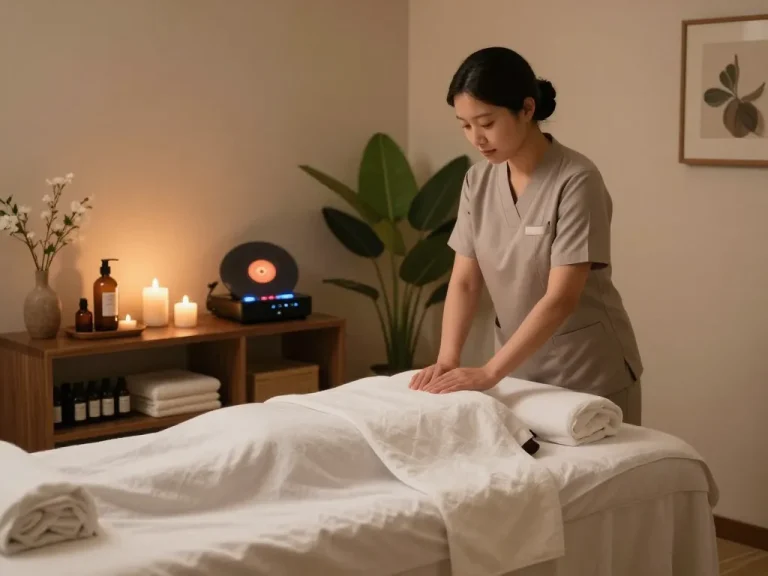 Relaxing 삼성동마사지 spa scene with therapist preparing a tranquil massage environment.
