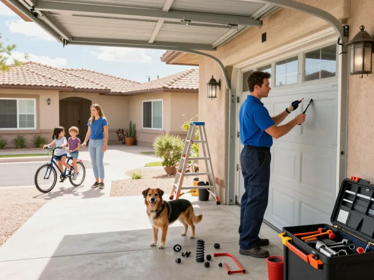 Expert technician performing garage door repair Cave Creek AZ with tools and family bicycles in a bright, inviting setting.