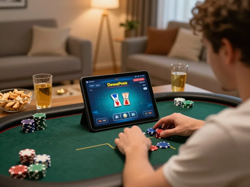DewaPoker player engaging in online poker gameplay with focused strategy and vibrant home atmosphere.