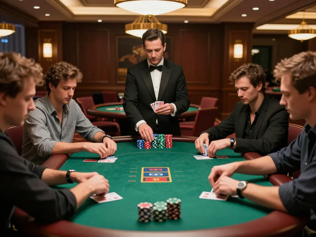 Players enjoy a thrilling poker game at TR88 casino, showcasing colorful chips and expert dealers.